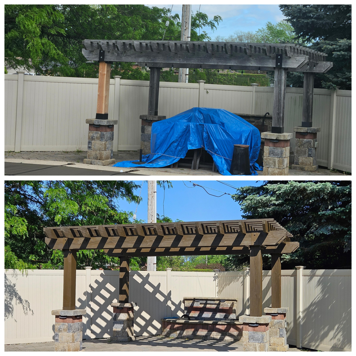 Pergola staining — before and after
